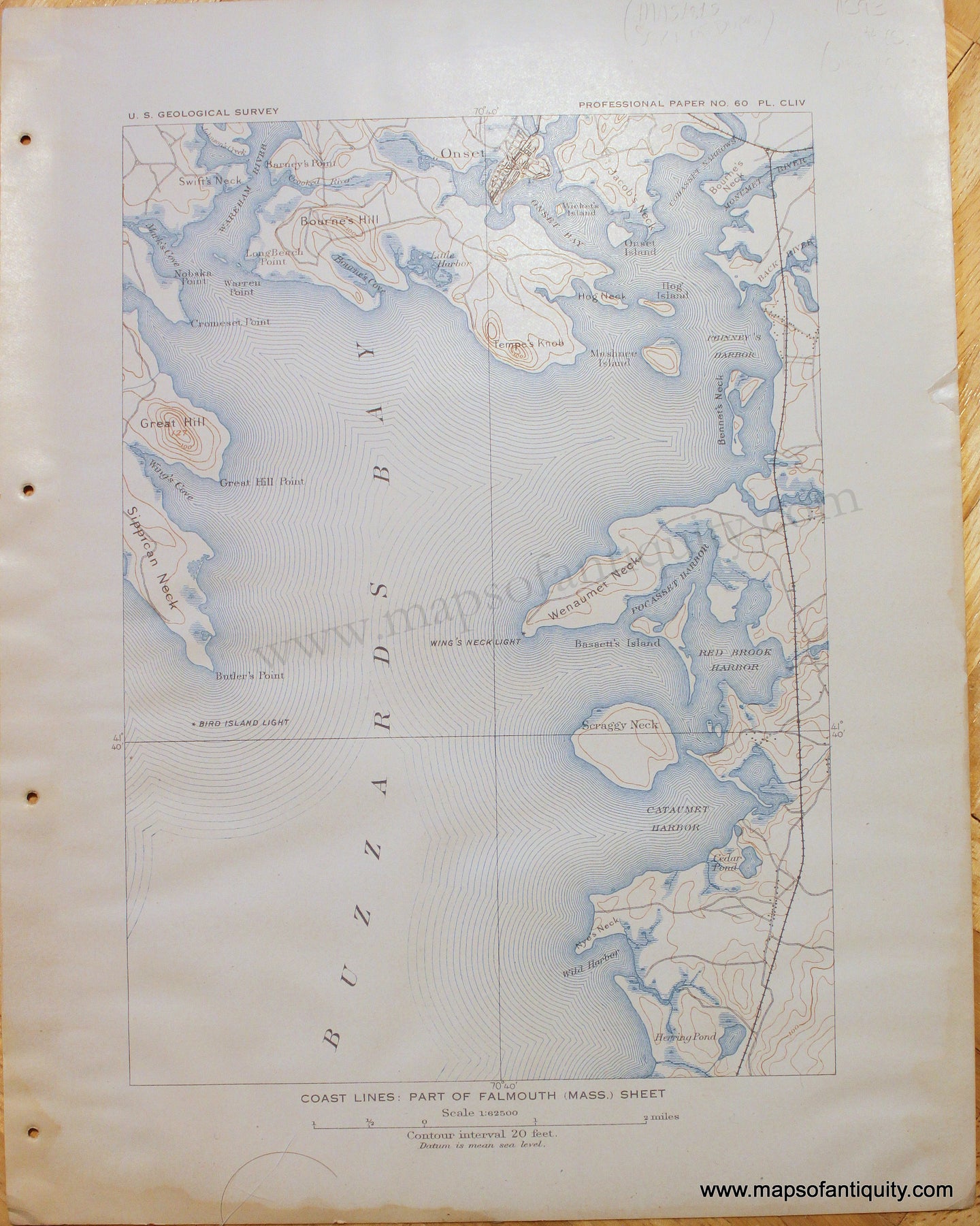 Antique-Printed-Color-Map-Coast-Lines-Part-of-Falmouth-(Mass.)-Sheet-Nautical-Charts-Geological-Maps-Falmouth--c.-1919-USGS-Maps-Of-Antiquity
