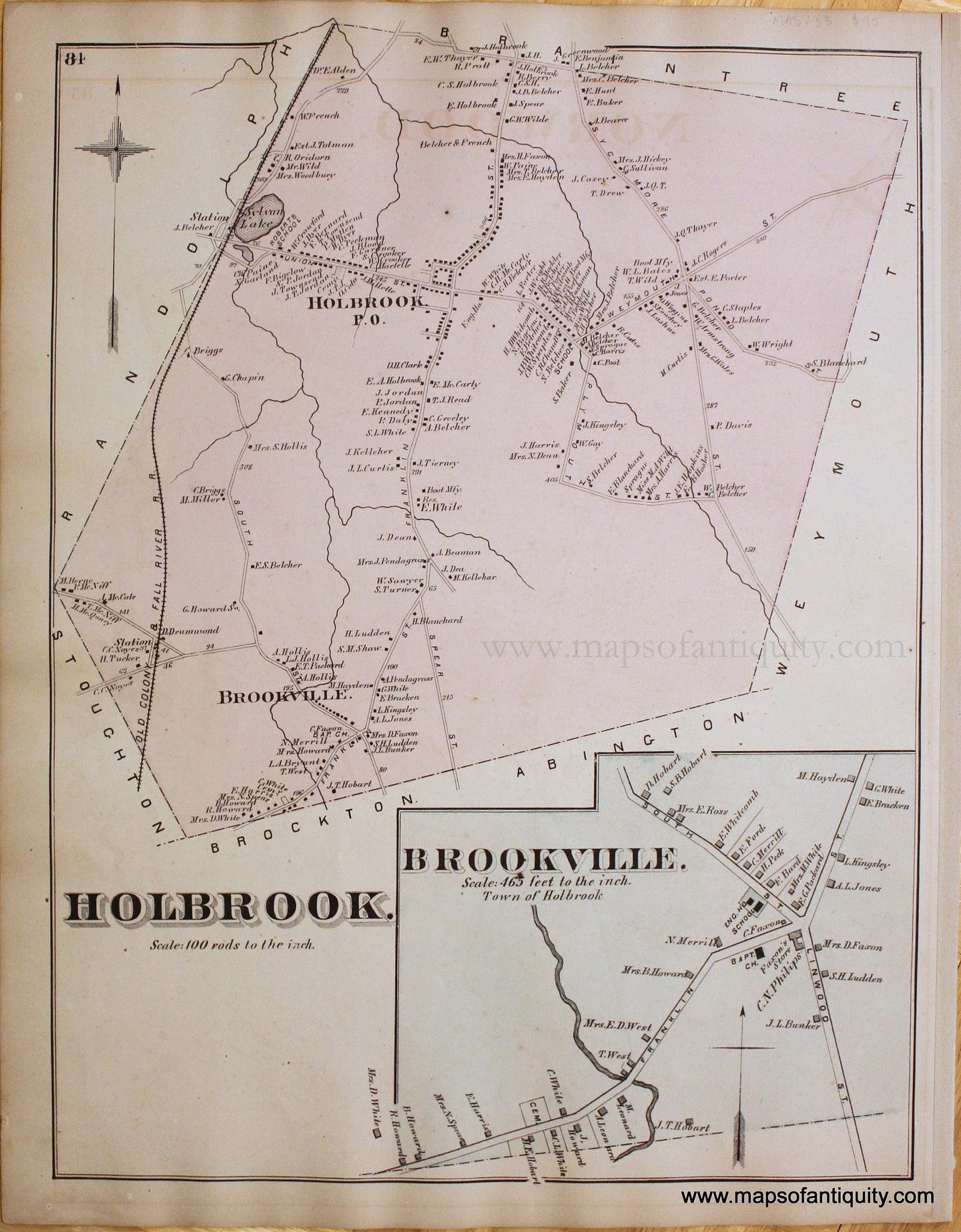 Antique-Hand-Colored-Map-Holbrook.-Brookville.-(MA)-**********-Massachusetts-Norfolk-County-MA-1876-Comstock-&-Cline-Maps-Of-Antiquity
