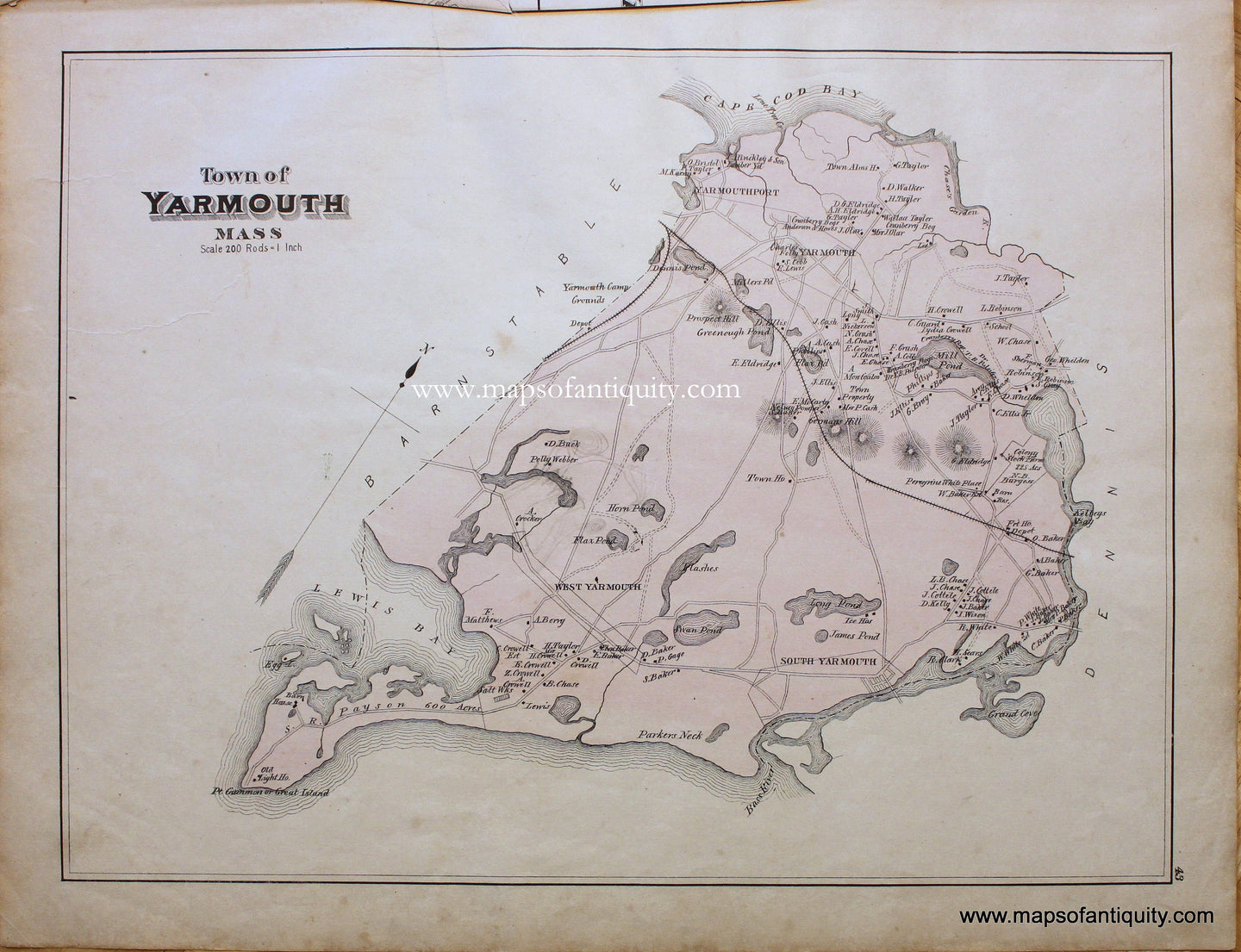 Antique-Hand-Colored-Map-Town-of-Yarmouth-p.-43-(MA)-Massachusetts-Cape-Cod-and-Islands-1880-Walker-Maps-Of-Antiquity