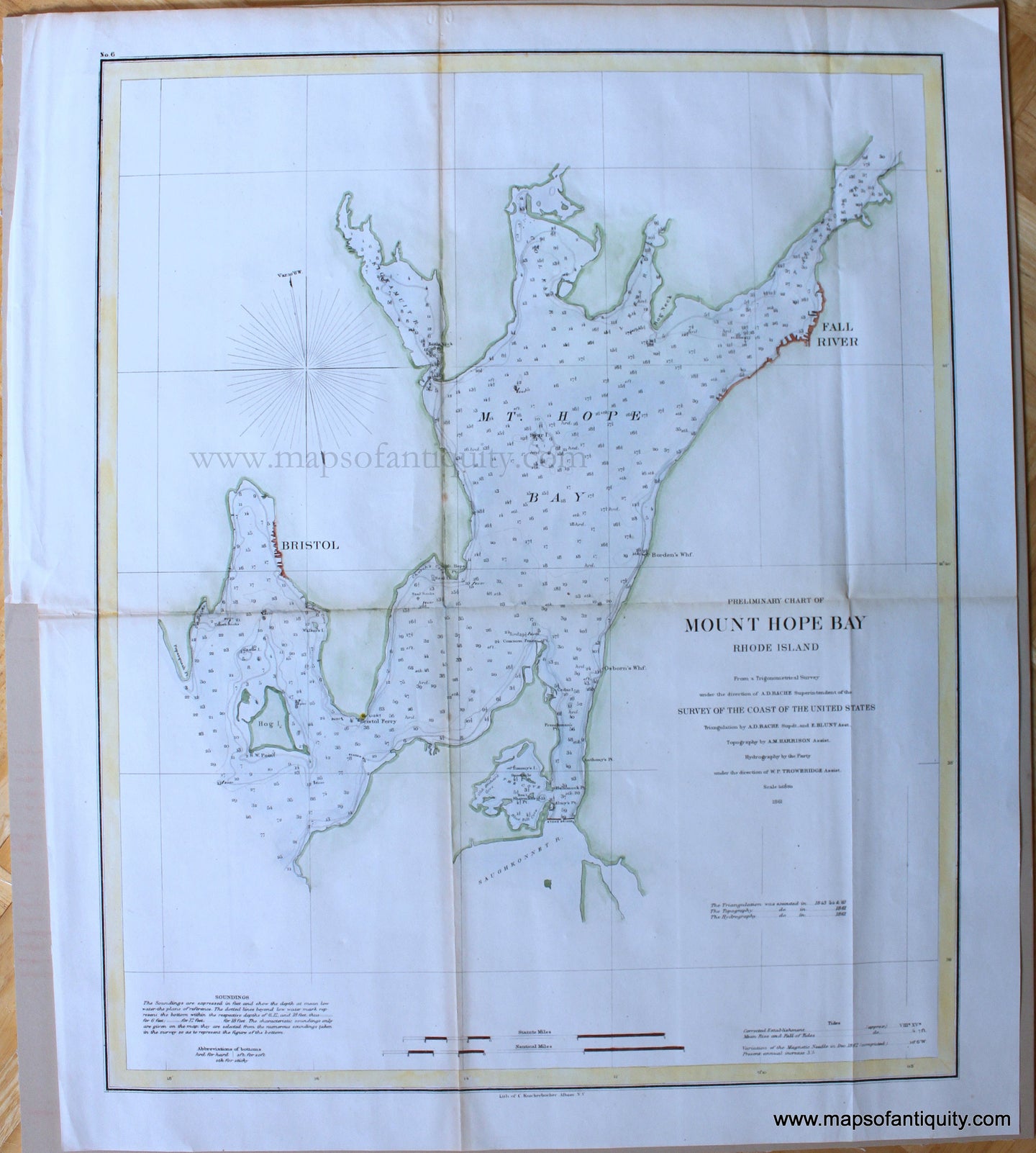 Genuine Antique Coast Chart-Preliminary Chart of Mount Hope Bay Rhode Island-1861-US Coast Survey-Maps-Of-Antiquity