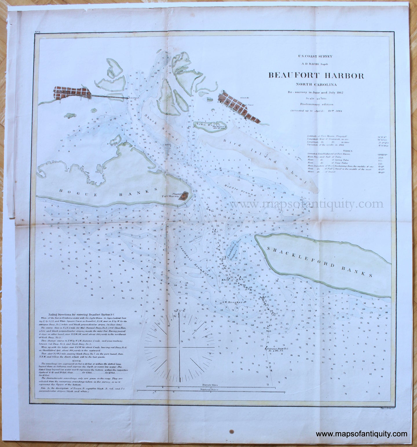 Antique-Coast-Survey-Chart-United-States-Beaufort-Harbor-North-Carolina-1864-USCS-North-Carolina-1800s-19th-century-Maps-of-Antiquity