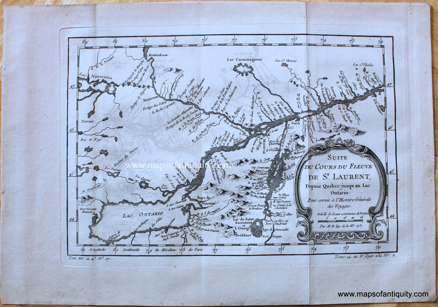 Antique-Map-Suite-du-Cours-du-Fleuve-de-St.-Laurent-Depuis-Quebec-jusqu'au-Lac-Ontario-Pour-servir-a-l'Histoire-Generale-des-Voyages-Canada-French-Bellin-1757-1750s-Mid-18th-Century-Maps-of-Antiquity