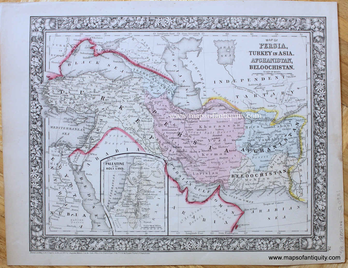 Antique-Hand-Colored-Map-Map-of-Persia-Turkey-in-Asia-Afghanistan-and-Beloochistan-(Iran)-with-inset-of-Palestine-or-the-Holy-Land.--Middle-East-and-Holy-Land-Middle-East-1860-Mitchell-Maps-Of-Antiquity