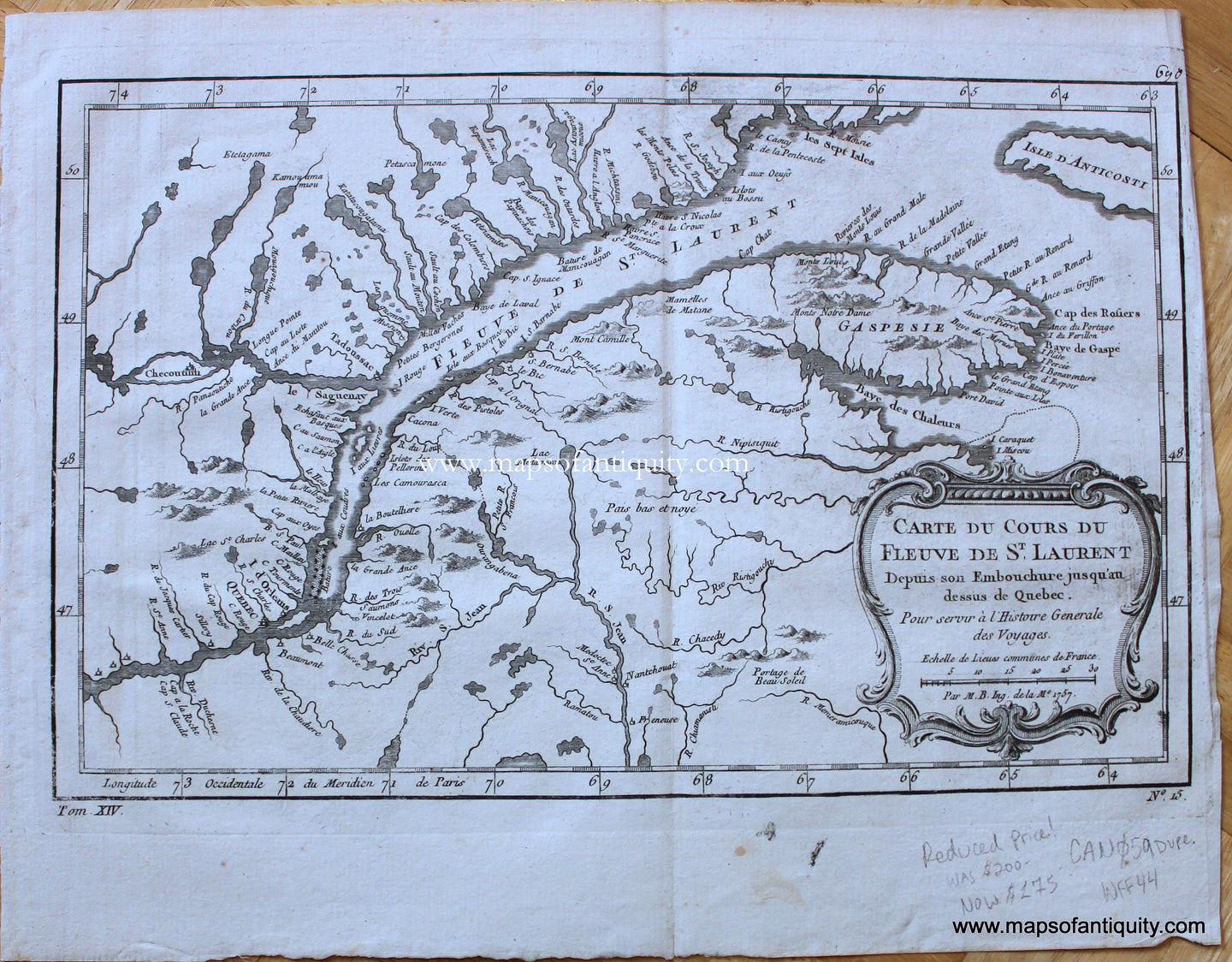 Antique-Map-Carte-du-Cours-du-Fleuve-de-St.-Laurent-depuis-son-Embouchure-jusqu'au-dessus-de-Quebec-1757-Bellin-1700s-18th-century-Saint-Lawrence-River