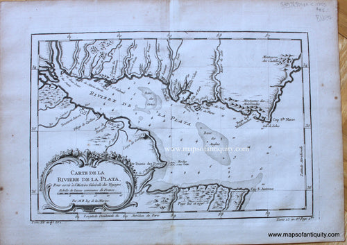 Antique-Early-Map-Carte-de-la-Rivier-de-La-Plata-Rio-Argentina-Buenos-Aires-French-Bellin-1757-1750s-1700s-Mid-Late-18th-Century-Maps-of-Antiquity