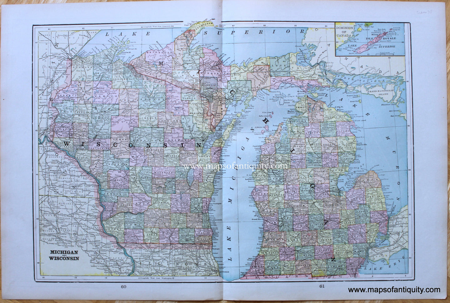 Antique-Printed-Color-Map-Michigan-and-Wisconsin-verso:-Missouri-and-Iowa-North-America-Midwest-1900-Cram-Maps-Of-Antiquity