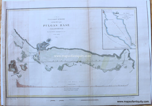 Genuine-Antique-Coast-Survey-Chart-Pulgas-Base,-California-1854-US-Coast-Survey-Maps-Of-Antiquity