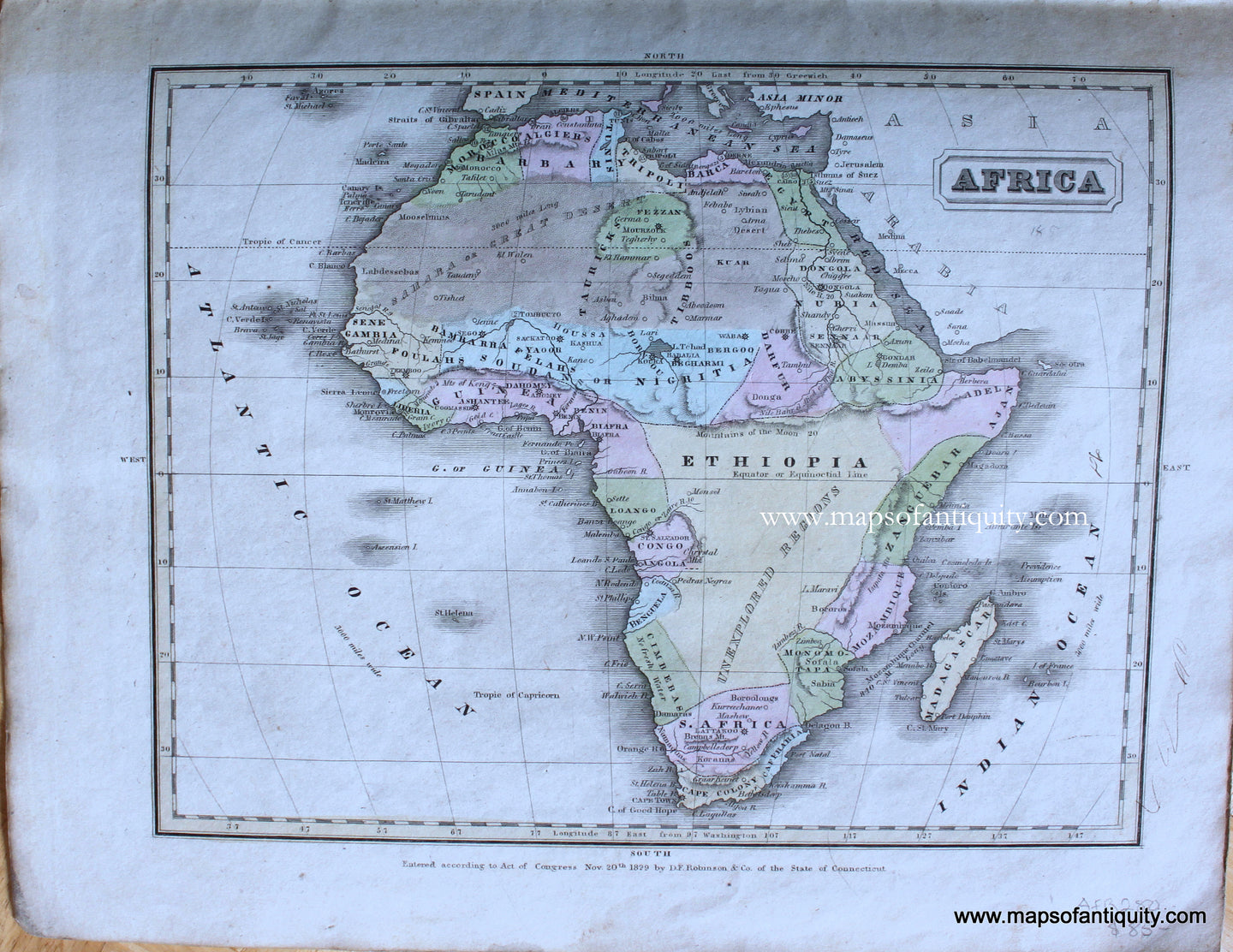 Genuine-Antique-Map-Africa-1830-E.-Huntington-/-D.F.-Robinson-&-Co.-Maps-Of-Antiquity