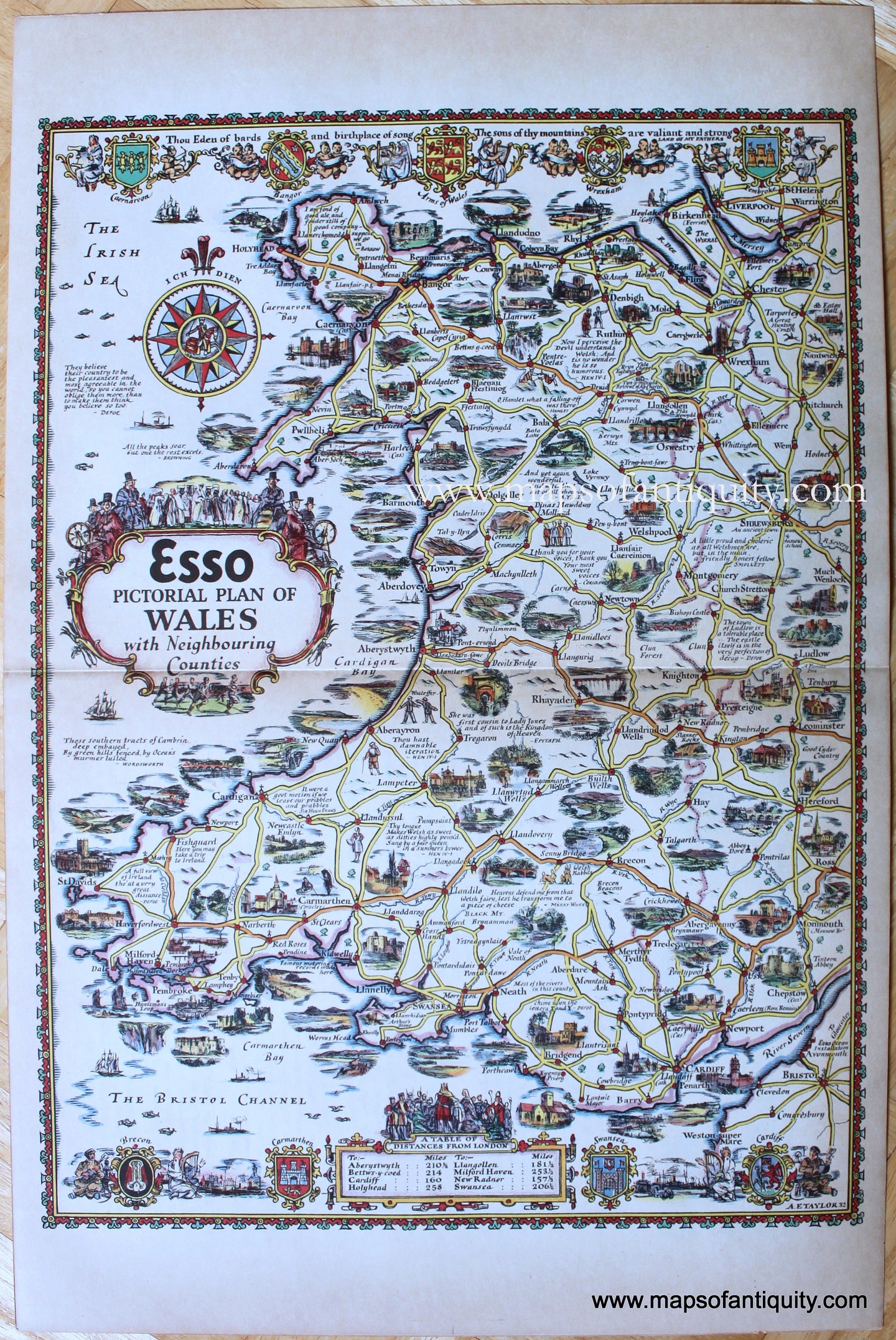 Genuine-Antique-Pictorial-Map-Esso-Pictorial-Plan-of-Wales-with-Neighbouring-Counties-1932-A.E.-Taylor-Maps-Of-Antiquity