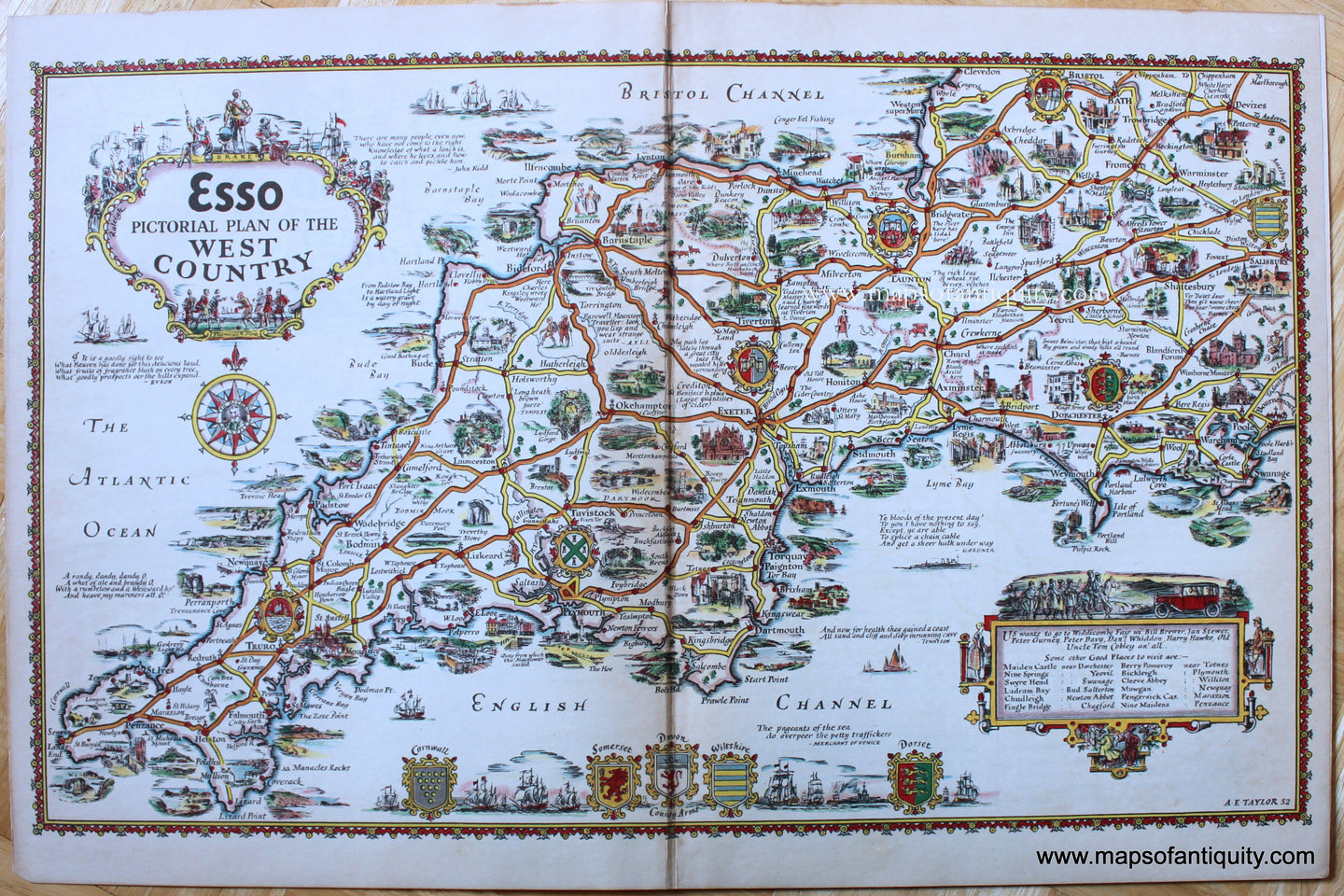 Genuine-Antique-Pictorial-Map-Esso-Pictorial-Plan-of-the-West-Country-1932-A.E.-Taylor-Maps-Of-Antiquity