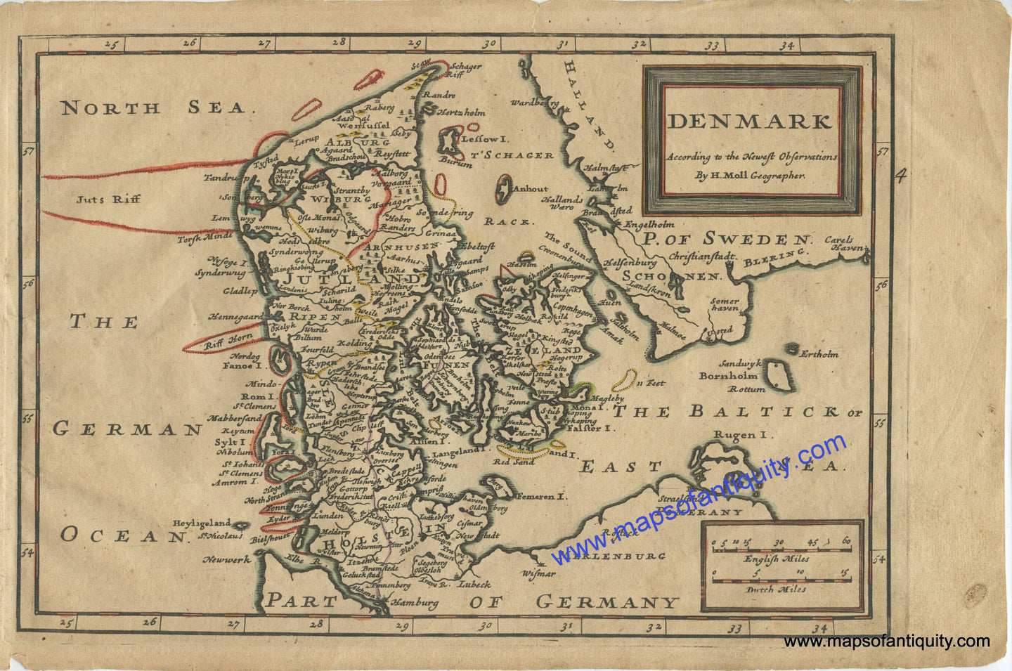 Antique-Hand-Colored-Map-Denmark-According-to-the-Newest-Observations-Europe-Denmark-c.-1730-Moll-Maps-Of-Antiquity