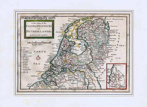 Antique-Hand-Colored-Map-A-New-Map-of-the-United-Provinces-or-Netherlands******-Europe-Netherlands-c.-1730-Moll-Maps-Of-Antiquity