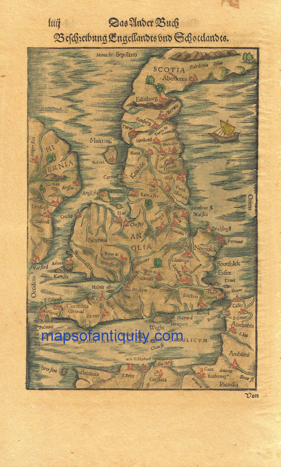 Antique-Hand-Colored-Map-Das-Ander-Buch-Beschreibung-Engellandts-und-Schottlandts-******-Europe-United-Kingdom-1598-Munster-Maps-Of-Antiquity
