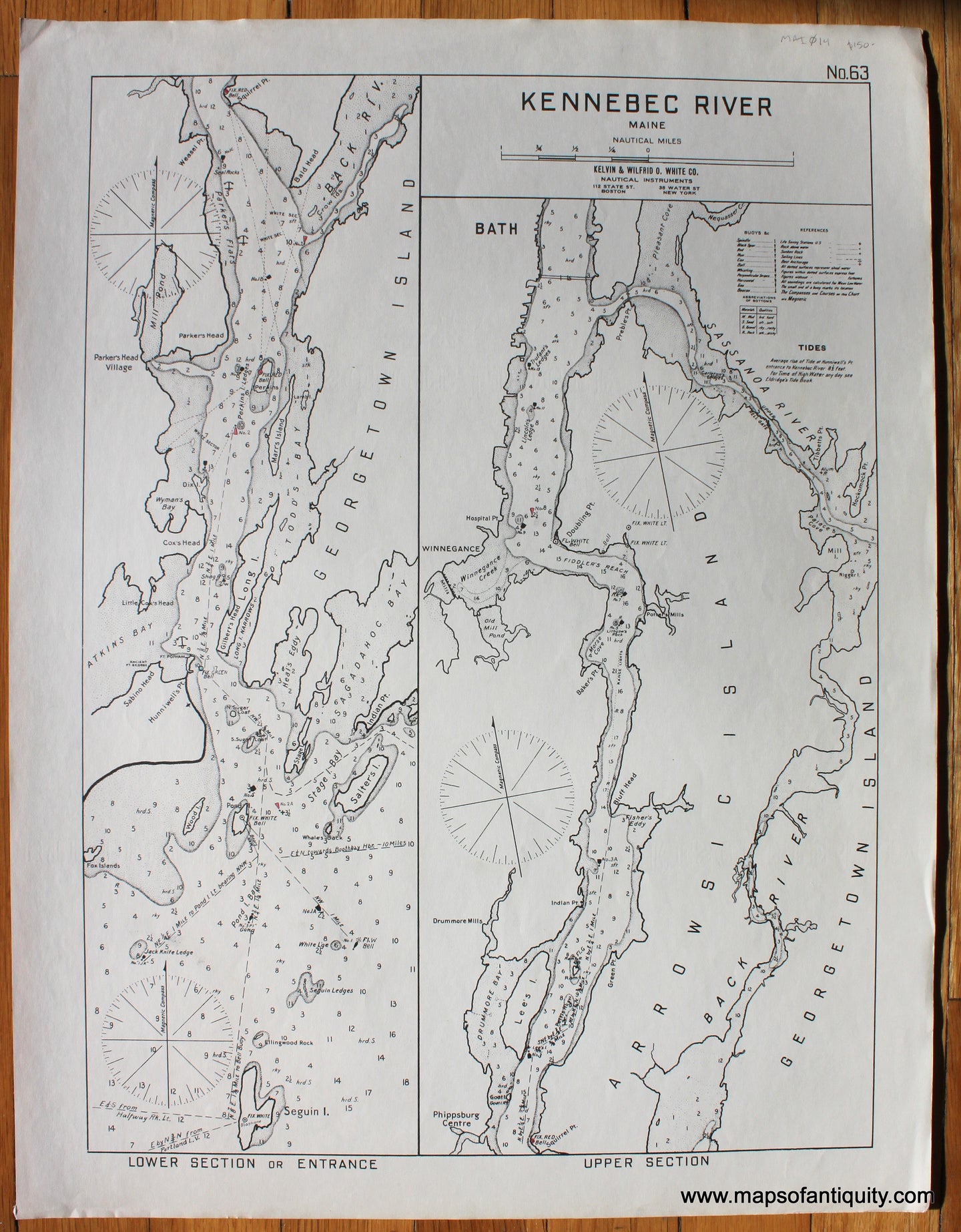 Black-and-White-Antique-Nautical-Chart-Kennebec-River-Maine-***********-United-States-Northeast-c.-1915-Eldridge-Maps-Of-Antiquity