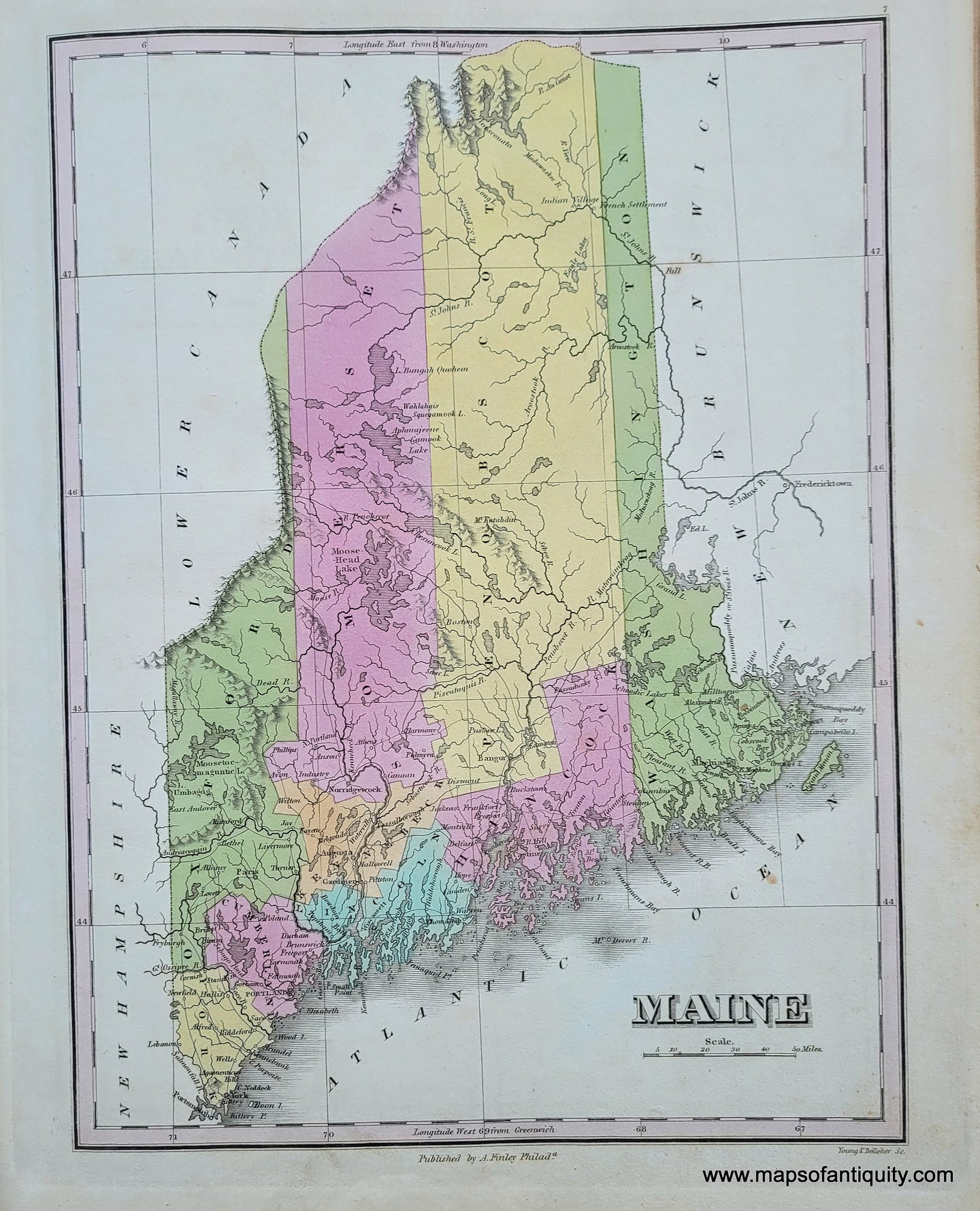MAI027-Antique-Hand-Colored-Map-Maine-United-States-Northeast-1824-Anthony-Finley-Maps-Of-Antiquity