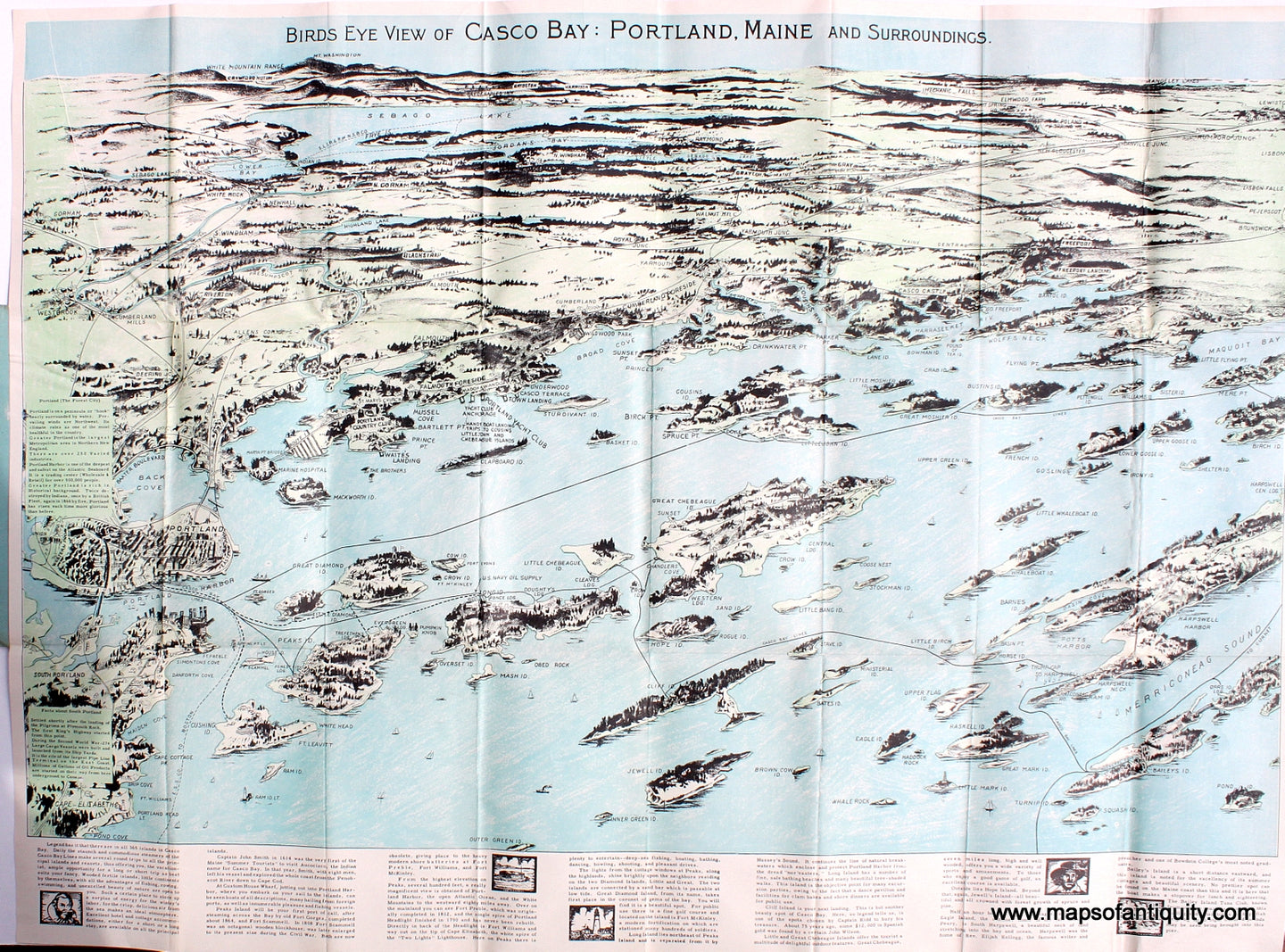 Antique-Map-Bird's-Eye-View-of-Casco-Bay:-Portland-Maine-and-Surroundings-******-United-States-Northeast-1950-Down-East-Sportscraft-Maps-Of-Antiquity