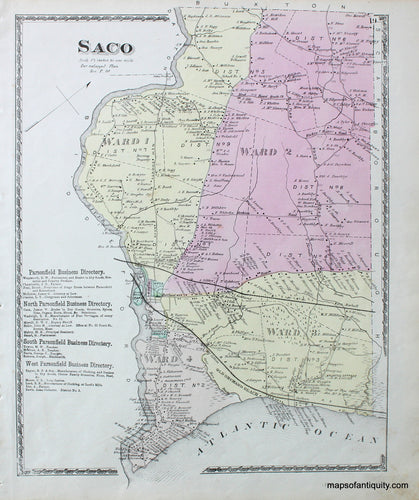Antique-Hand-Colored-Map-Saco-Maine--1872-Sanford-&-Everts-Maps-Of-Antiquity