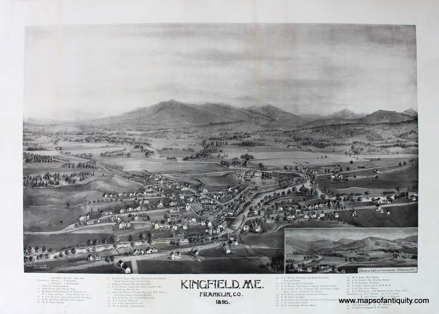 Black-and-White-Antique-Map-Kingfield-ME.---1895-Norris-Maps-Of-Antiquity