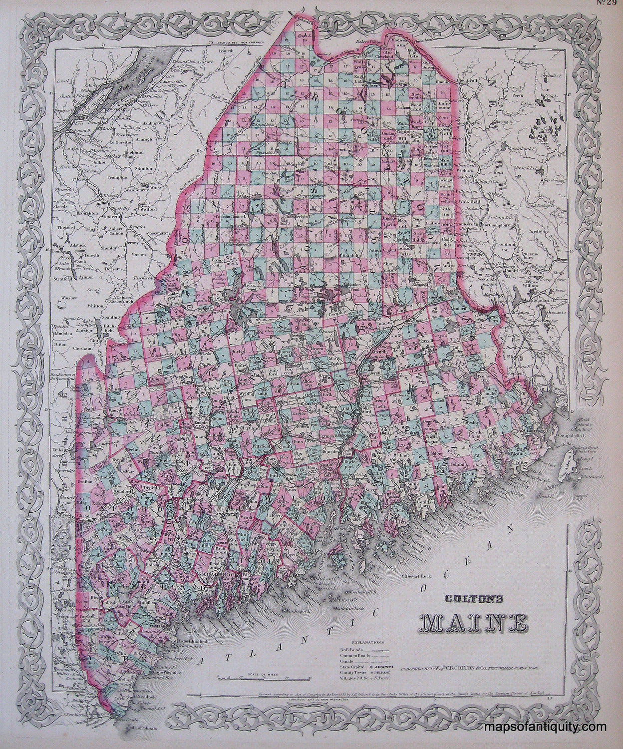 Antique-Hand-Colored-Map-Colton's-Maine-**********-United-States-Northeast-1871-Colton-Maps-Of-Antiquity