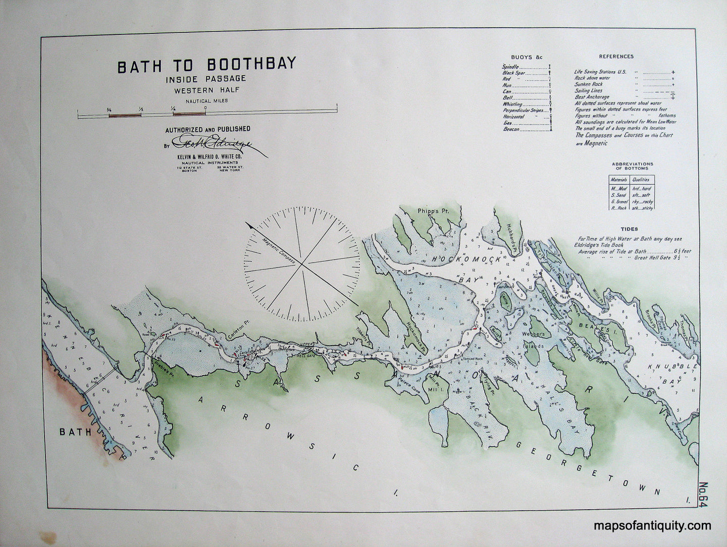 Hand-Colored-Antique--Nautical-Chart-Bath-to-Boothbay-Inside-Passage-Western-Half-United-States-Northeast-1901-Eldridge-Maps-Of-Antiquity