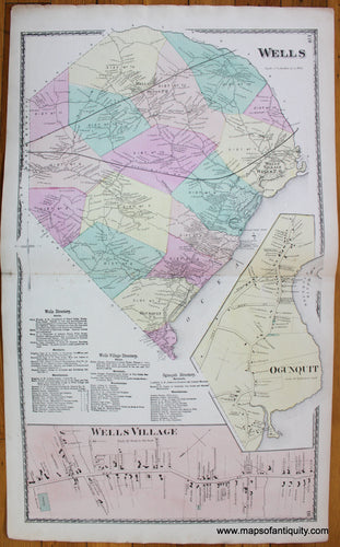 Wells-Ogunquit-Wells-Village-York-County-Maine-Antique-Map-1872-Sanford-Everts-1870s-1800s-19th-century-Maps-of-Antiquity