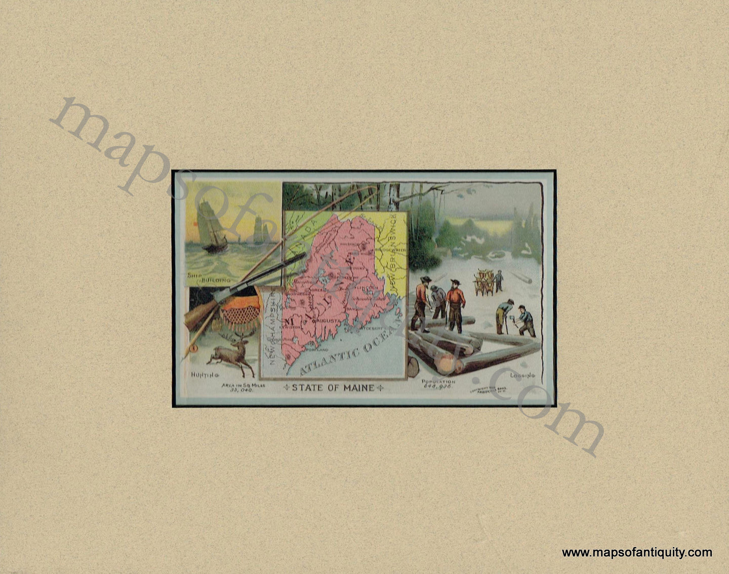 Antique-Map-Chromolithograph-Print-Vignettes-Card-Maine-Arbuckle-1890-1890s-1800s-Late-19th-Century-Maps-of-Antiquity
