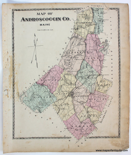 Antique-Map-Androscoggin-Co.-County-Maine-Town-Towns-Sanford-Everts-1873-1870s-1800s-Mid-Late-19th-Century-Maps-of-Antiquity