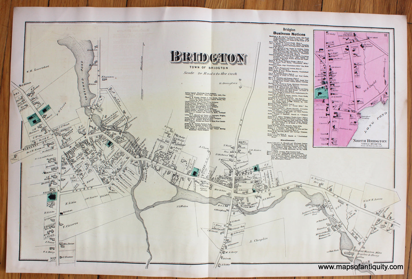 Antique-Map-Town-City-Village-Bridgton-Cumberland-County-Maine-Beers-1871-1870s-1800s-Mid-Late-19th-Century-Maps-of-Antiquity