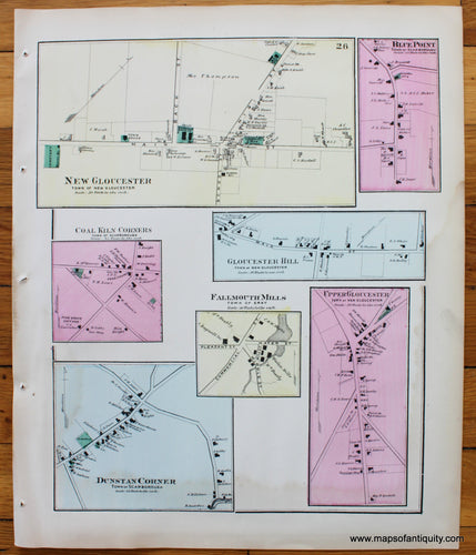 Antique-Map-Town-City-Village-New-Gloucester-Blue-Point-Coal-Kiln-Corners-Gloucester-Hill-Falmouth-Mills-Upper-Gloucester-Dunstan-Corner-Cumberland-County-Maine-Beers-1871-1870s-1800s-Mid-Late-19th-Century-Maps-of-Antiquity