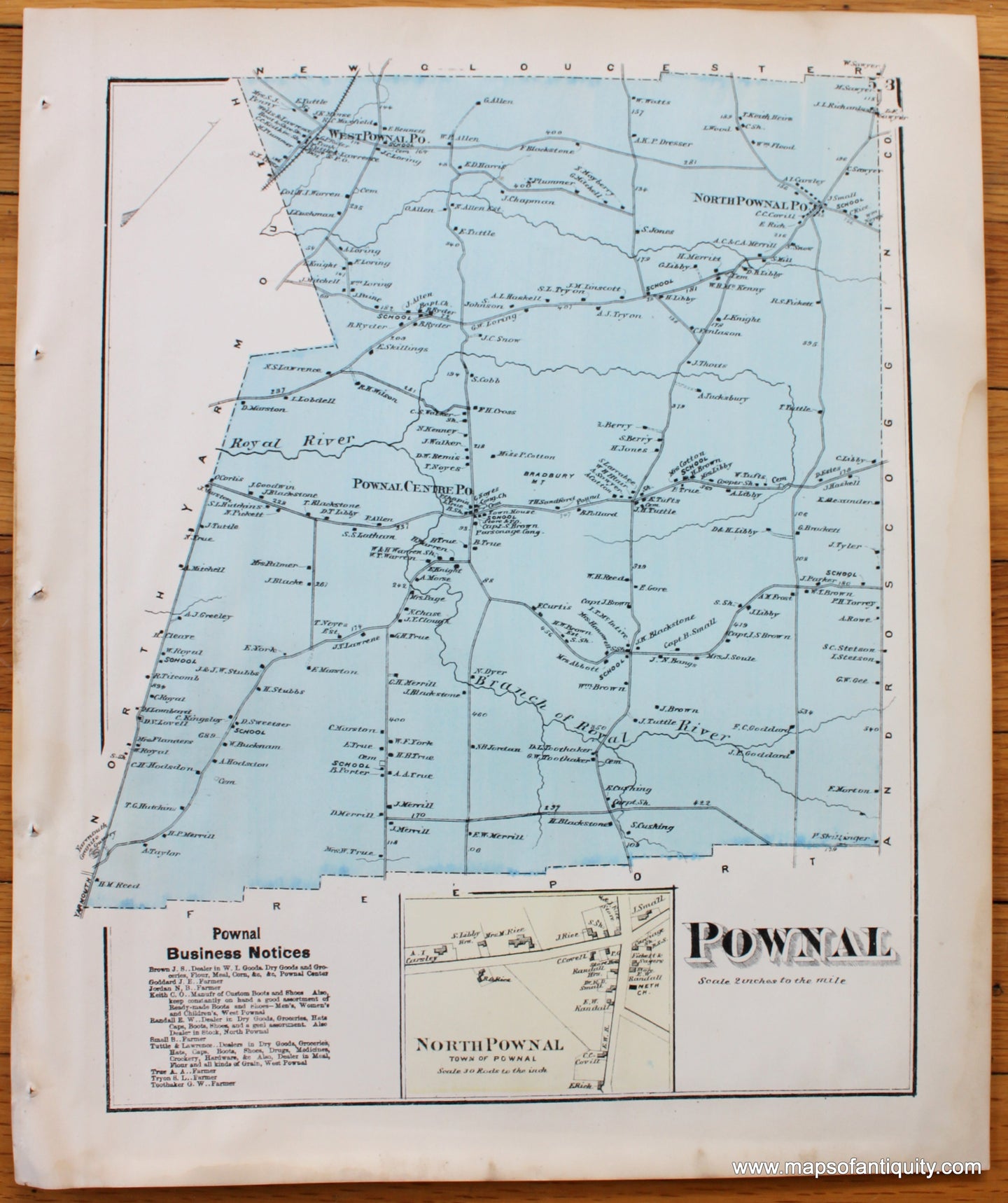 Antique-Map-Town-City-Village-Pownal-North-Cumberland-County-Maine-Beers-1871-1870s-1800s-Mid-Late-19th-Century-Maps-of-Antiquity