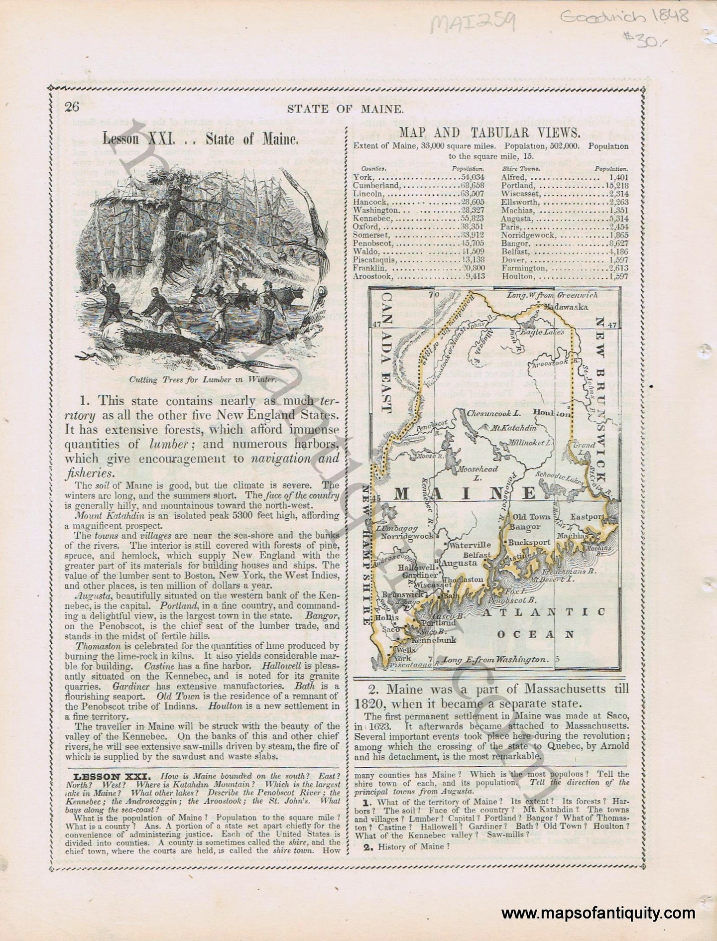 Antique-Printed-Color-Map-State-of-Maine-Verso-New-England-Engravings-1848-Goodrich-United-States-Maine1800s-19th-century-Maps-of-Antiquity