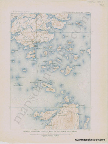 Antique-Printed-Color-Coast-Chart-Glaciation-Along-Coasts:-Part-of-Deer-Isle-(ME.)-Stonington-Isle-au-Haut-Sheet-1893-USGS-Northeast-Maine-State-1800s-19th-century-Maps-of-Antiquity