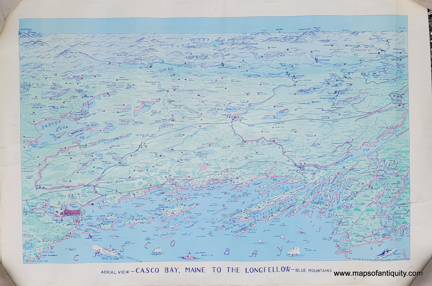 Genuine-Vintage-Map-Aerial-View-Casco-Bay-Maine-to-the-Longfellow-Blue-Mountains-c-1971-A-D-Phillips-Son-Maps-Of-Antiquity