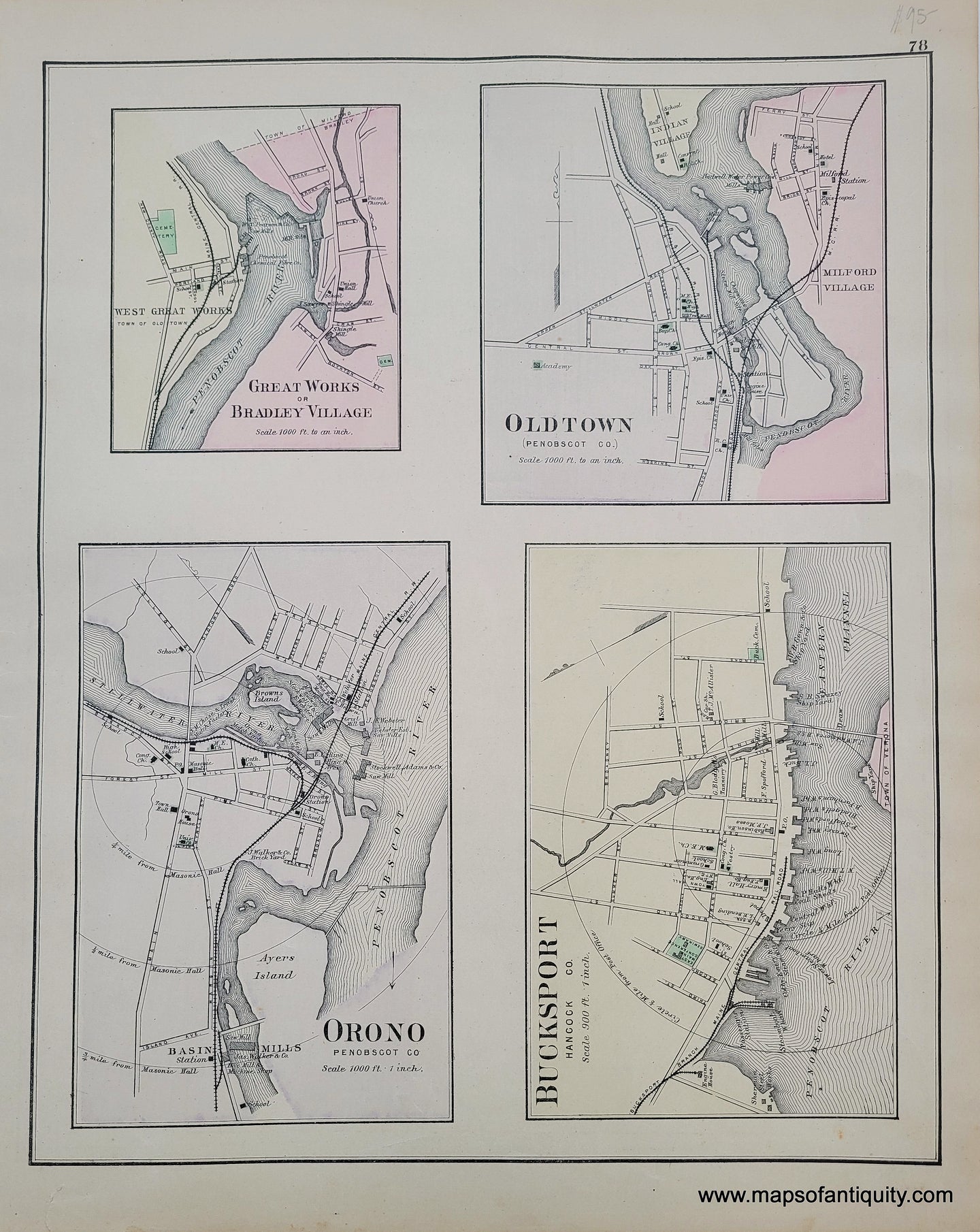 Antique-Map-Oldtown-Orono-Bucksport-Great-Works-Bradley-Village-Maine-1885-Colby-Stuart