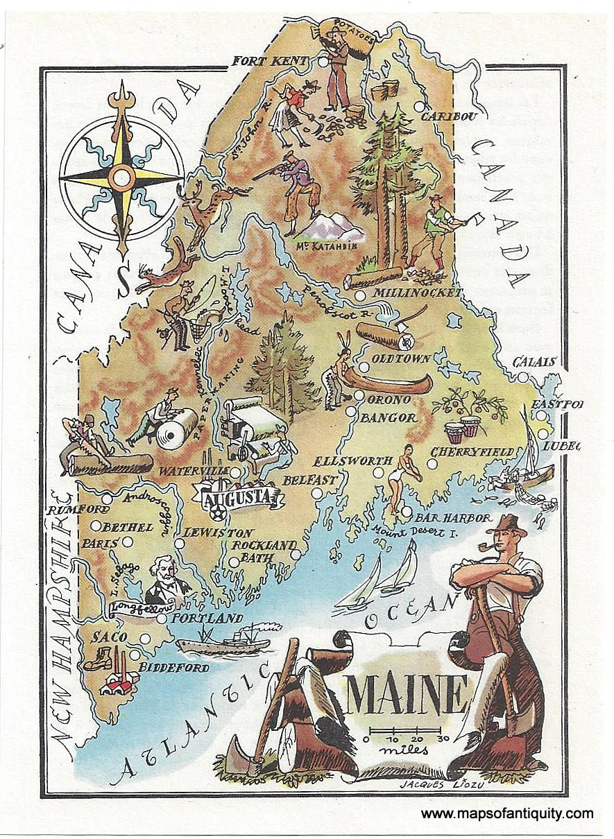 Genuine-Vintage-Map-Maine-1949-Liozu-Maps-Of-Antiquity