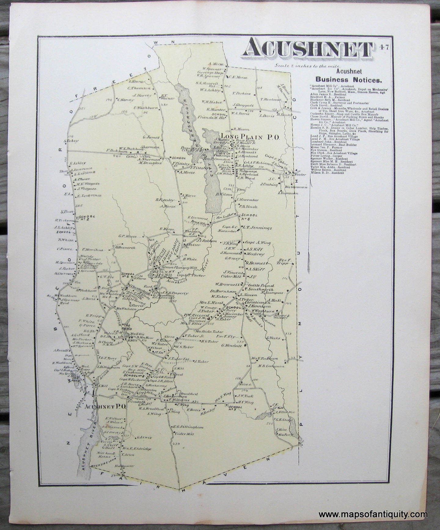 Antique-Hand-Colored-Map-Township-map-of-Acushnet-MA.-P.-47-1871-Beers-Bristol-1800s-19th-century-Maps-of-Antiquity