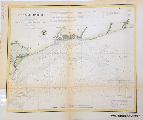 Antique-Chart-Bass-River-Harbor-Massachusetts-Yarmouth-Dennis-Cape-Cod-USCS-US-Coast-Survey-1800s-19th-century