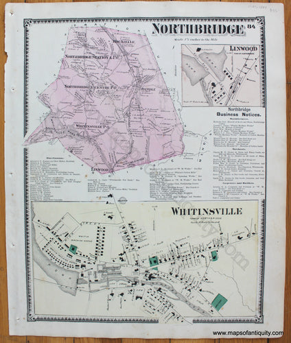 Antique-Map-Northbridge-Whitinsville-p.-84-MA-Mass.-Massachusetts-Beers-1870-1800s-19th-century