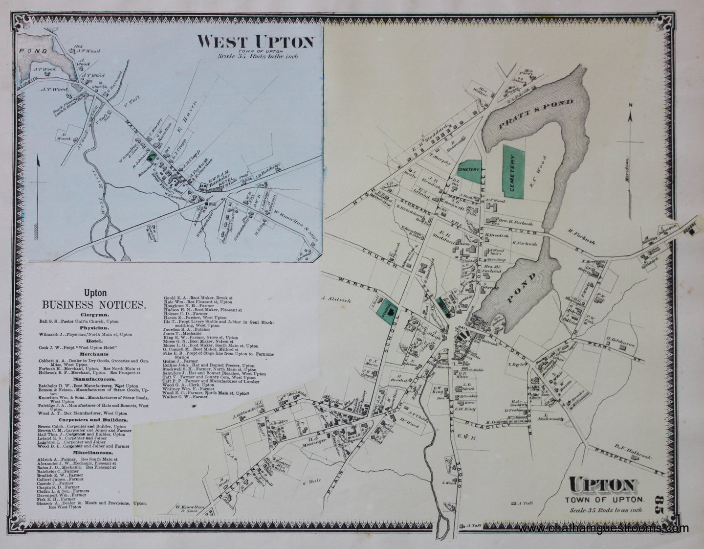 Antique-Hand-Colored-Map-Upton-West-Upton-p.-85-(MA)-Massachusetts-Worcester-County-1870-Beers-Maps-Of-Antiquity
