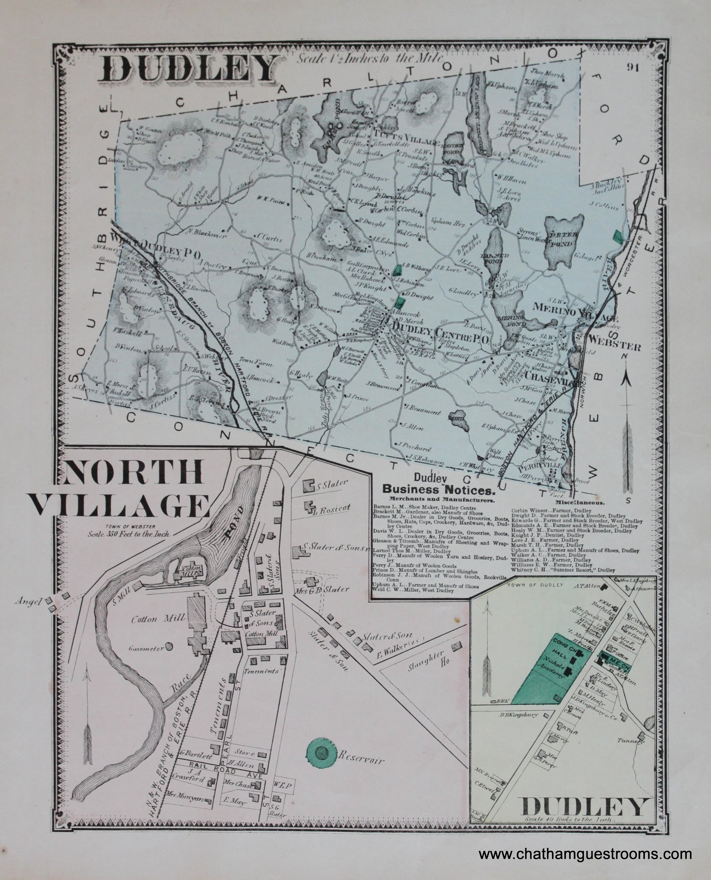 Antique-Hand-Colored-Map-Dudley-North-Village-p.-91-(MA)-Massachusetts-Worcester-County-1870-Beers-Maps-Of-Antiquity