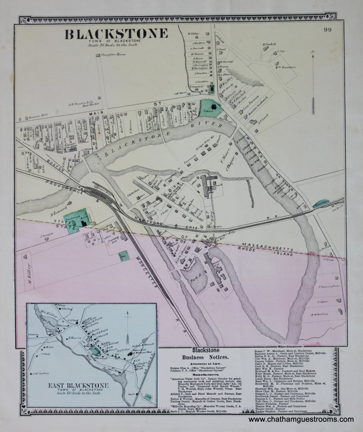 Antique-Hand-Colored-Map-Blackstone-p.-99-(MA)-Massachusetts-Worcester-County-1870-Beers-Maps-Of-Antiquity