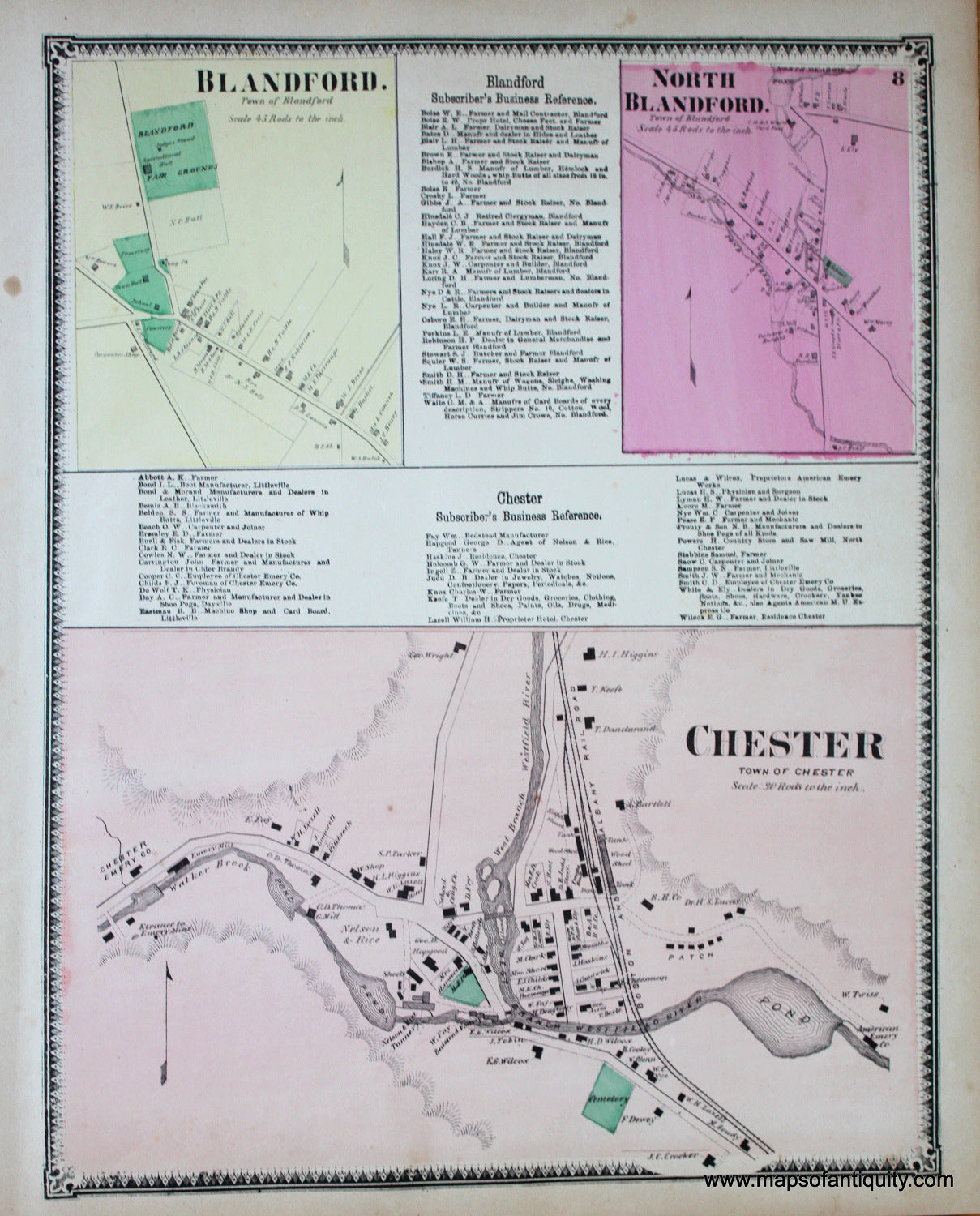 Antique-Hand-Colored-Map-Chester-Blandford-North-Blandford-(MA)-p.-8-Massachusetts-Hampden-County-1870-Beers-Ellis-and-Soule-Maps-Of-Antiquity