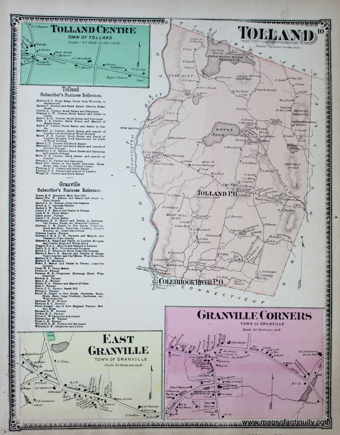 Antique-Hand-Colored-Map-Tolland-Granville-Corners-East-Granville-(MA)-p.-10-Massachusetts-Hampden-County-1870-Beers-Ellis-and-Soule-Maps-Of-Antiquity