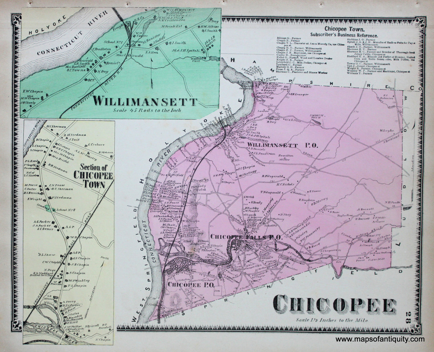 Antique-Hand-Colored-Map-Chicopee-Willimansett-p.-28-(MA)-Massachusetts-Hampden-County-1870-Beers-Ellis-and-Soule-Maps-Of-Antiquity
