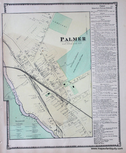 Antique-Hand-Colored-Map-Palmer-p.-45-(MA)-Massachusetts-Hampden-County-1870-Beers-Ellis-and-Soule-Maps-Of-Antiquity