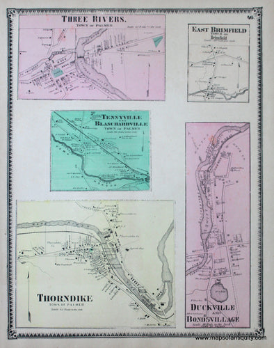 Antique-Hand-Colored-Map-Three-Rivers-East-Brimfield-Tennyville-and-Blanchardville-Thorndike-Duckville-and-Bondsvillage-p.-46-(MA)-Massachusetts-Hampden-County-1870-Beers-Ellis-and-Soule-Maps-Of-Antiquity