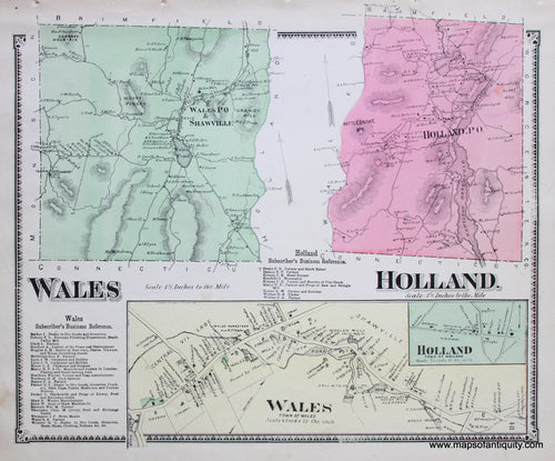 Antique-Hand-Colored-Map-Holland-Wales-p.-48-(MA)-Massachusetts-Hampden-County-1870-Beers-Ellis-and-Soule-Maps-Of-Antiquity