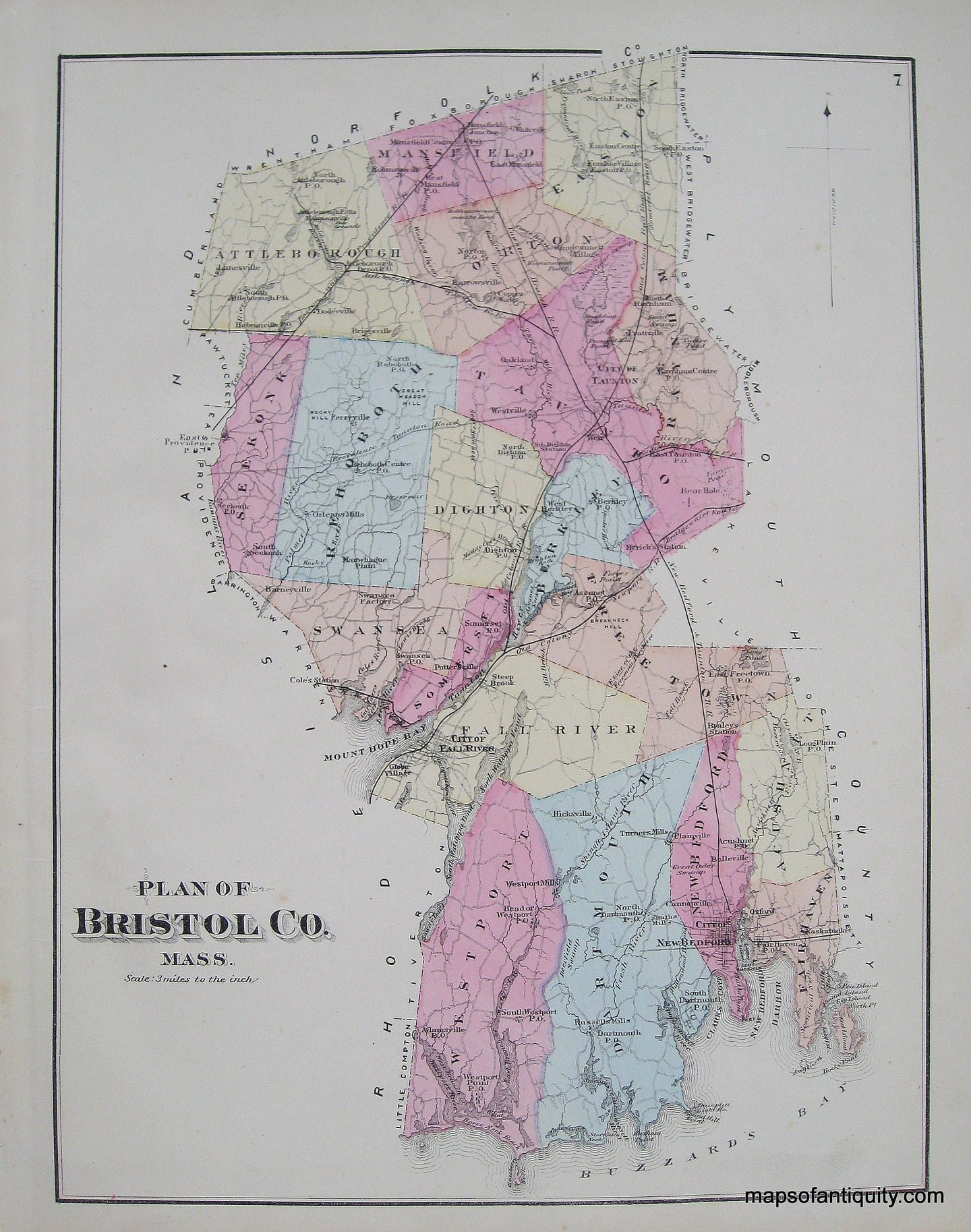 Antique-Hand-Colored-Map-Plan-of-Bristol-County-Mass.-p.-7-Massachusetts-Bristol-County-1871-Beers-Maps-Of-Antiquity