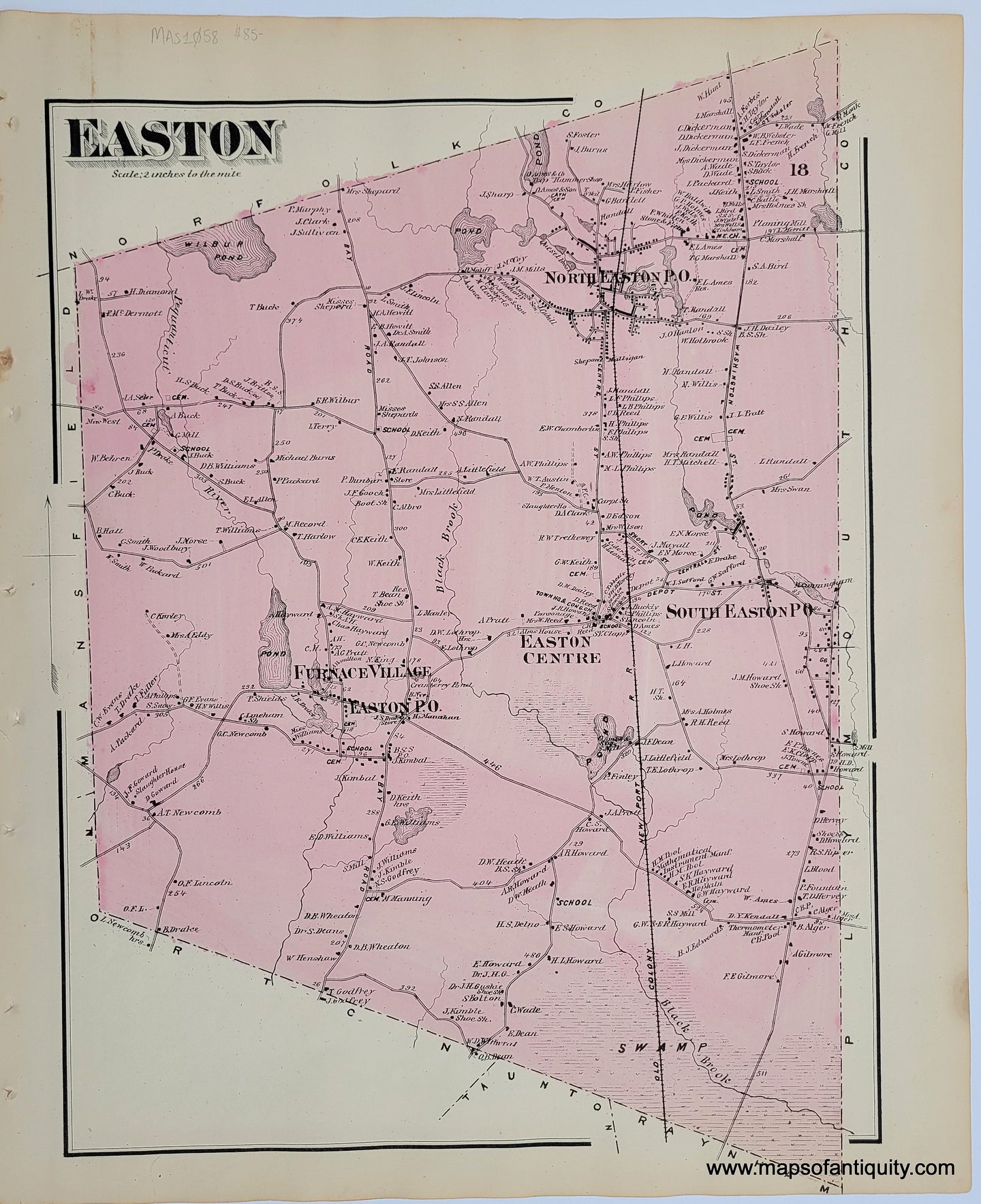 Antique-Hand-Colored-Map-Easton-p.-18--(MA)-Massachusetts-Bristol-County-1871-Beers-Maps-Of-Antiquity