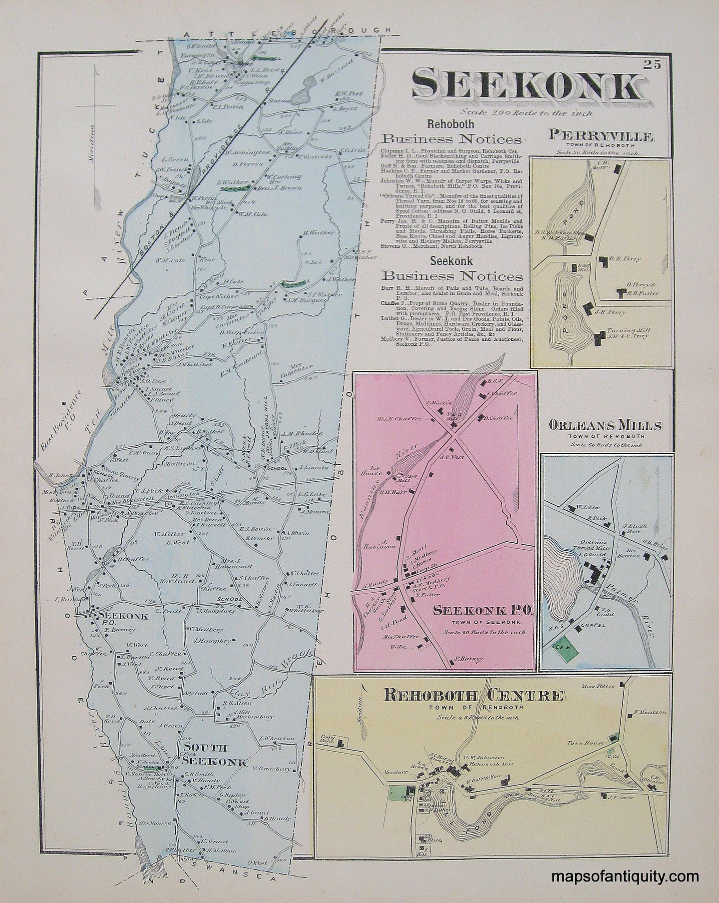 Antique-Hand-Colored-Map-Seekonk-Perryville-Orleans-Mills-Rehoboth-Centre-p.-25-(MA)-Massachusetts-Bristol-County-1871-Beers-Maps-Of-Antiquity